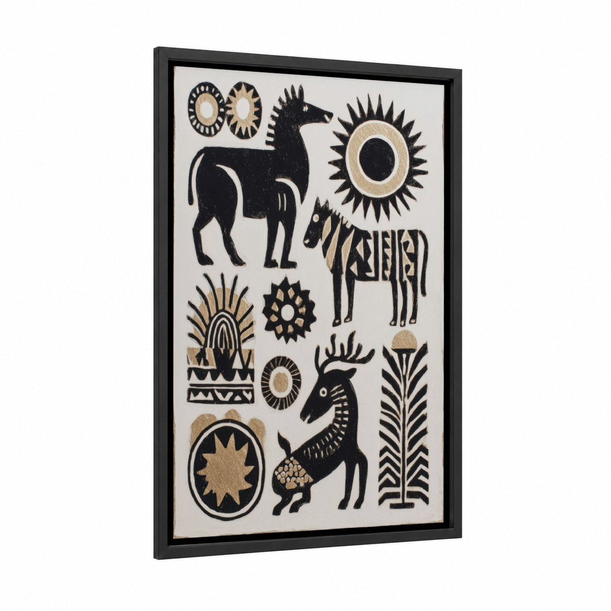 Tribal Animals framed abstract traditional print — black wood frame — black and gold palette