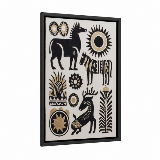 Tribal Animals framed abstract traditional print — black wood frame — black and gold palette