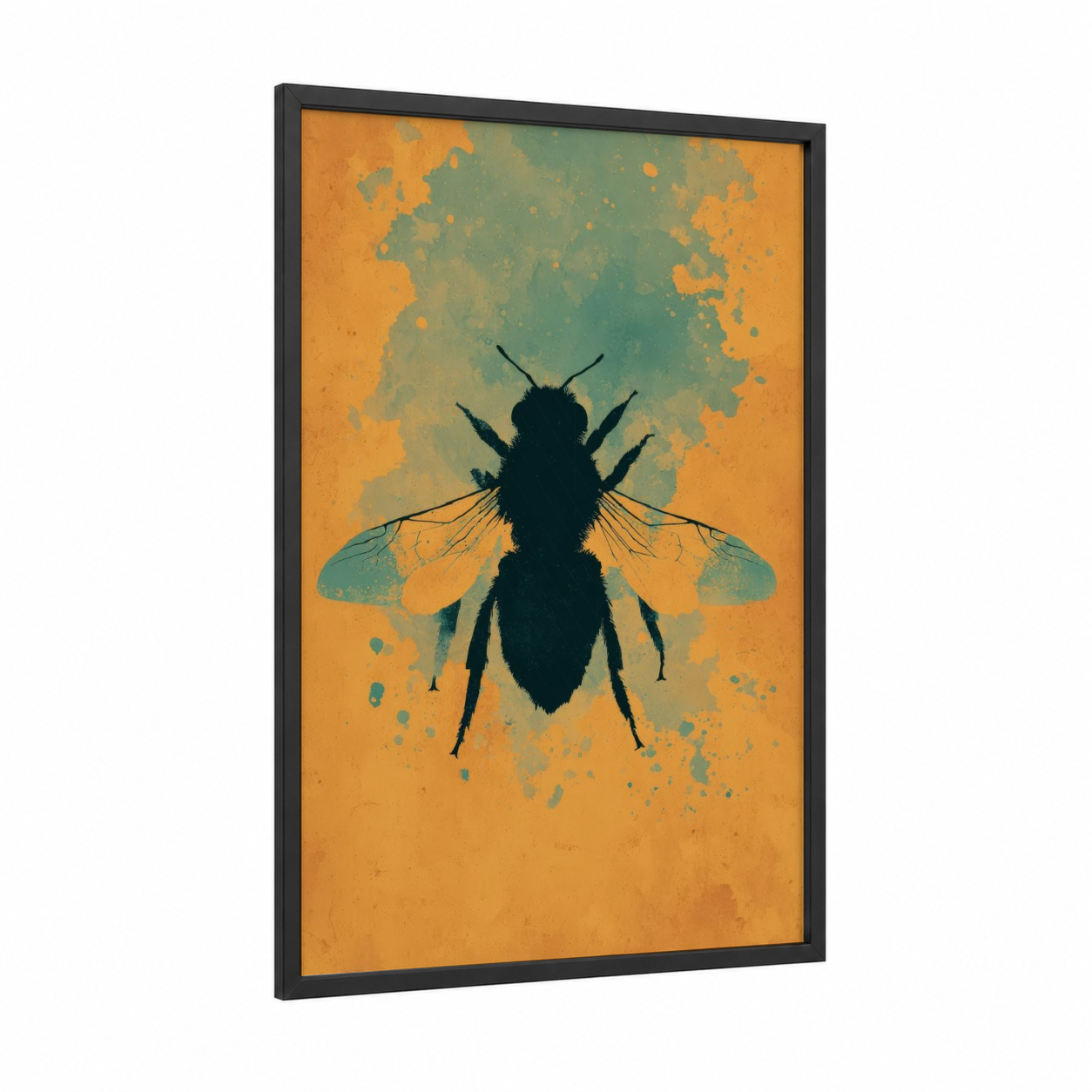 Golden Bee Silhouette framed art print — black wood frame — gold and teal palette