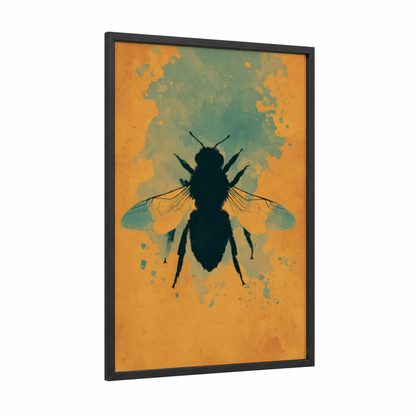 Golden Bee Silhouette framed art print — black wood frame — gold and teal palette