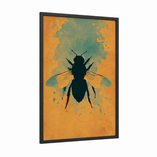 Golden Bee Silhouette framed art print — black wood frame — gold and teal palette