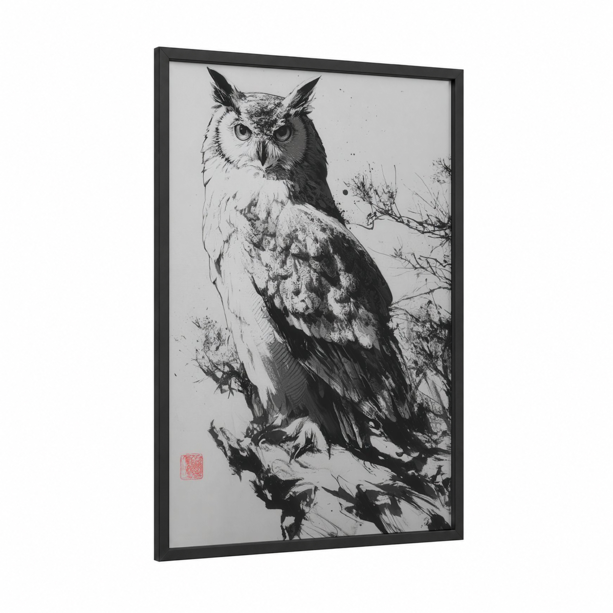 Watchful Owl framed art print — black wood frame — black and white palette