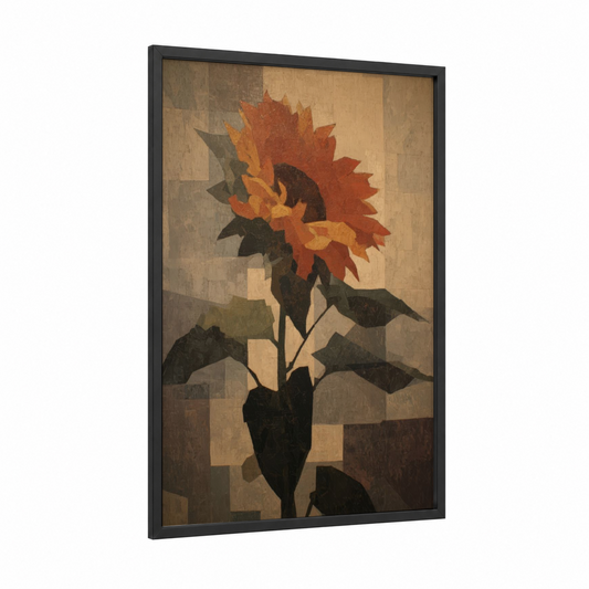 Autumn Sunflower framed art print — black wood frame — russet and mustard palette