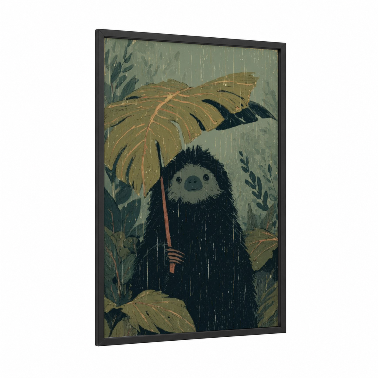 Rainy Sloth Bear framed art print — black wood frame — sage green and yellow gold palette