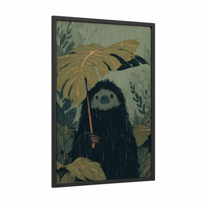 Rainy Sloth Bear framed art print — black wood frame — sage green and yellow gold palette