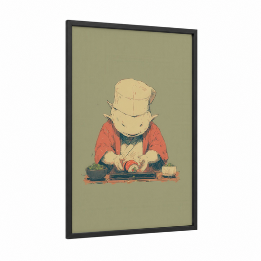 Chef Tuna Cooking framed art print — black wood frame — cream and russet palette