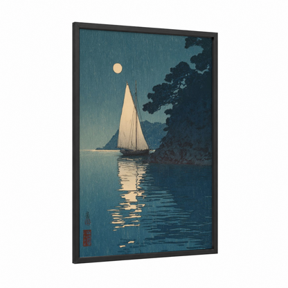Moonlit Sailing Ship framed art print — black wood frame — teal and cream palette