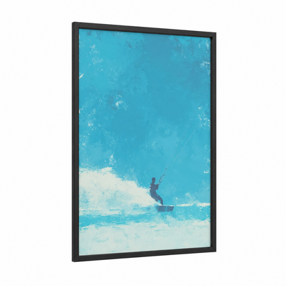 Turquoise Wave Rider framed kite surfing print — black wood frame — turquoise and white palette