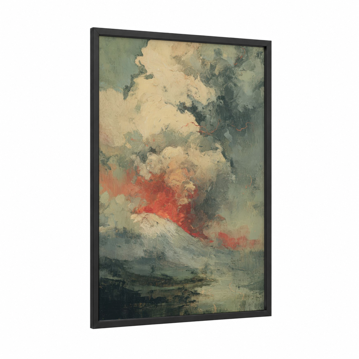 Crimson Volcano Eruption framed art print — black wood frame — red and gray palette