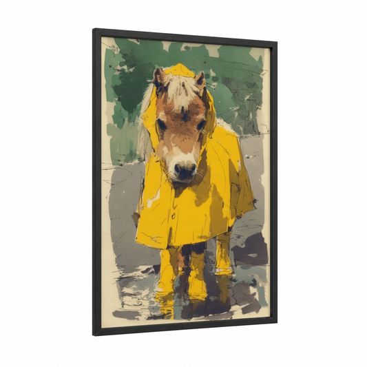Rainy Day Miniature Horse framed art print — black wood frame — yellow gold and sage green palette