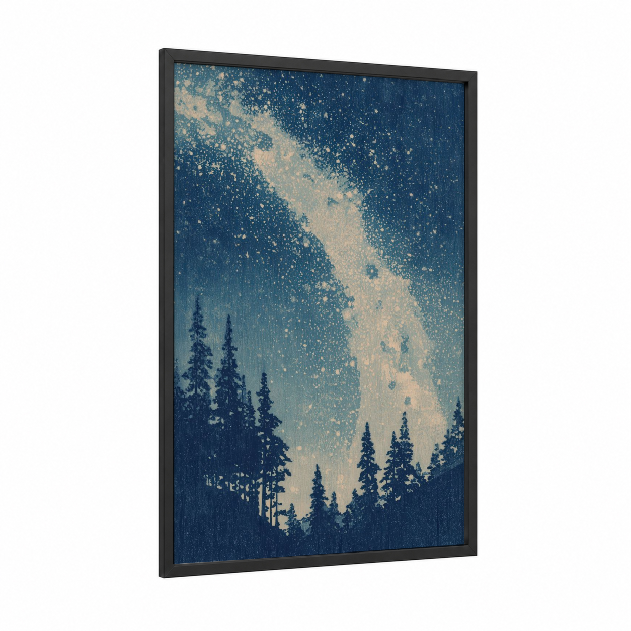 Milky Way Forest framed art print — black wood frame — dark blue and gold and white palette