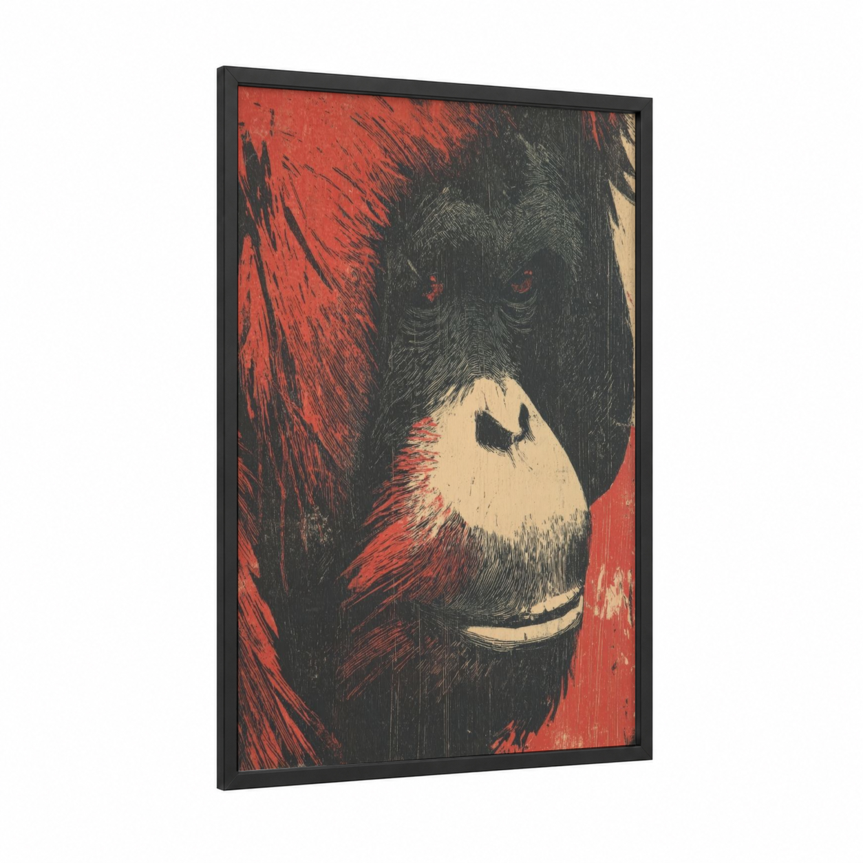 Crimson Orangutan framed art print — black wood frame — red and black palette