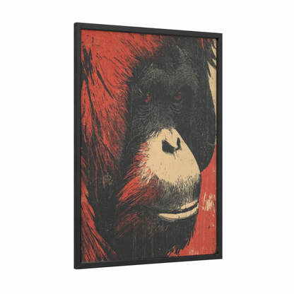 Crimson Orangutan framed art print — black wood frame — red and black palette