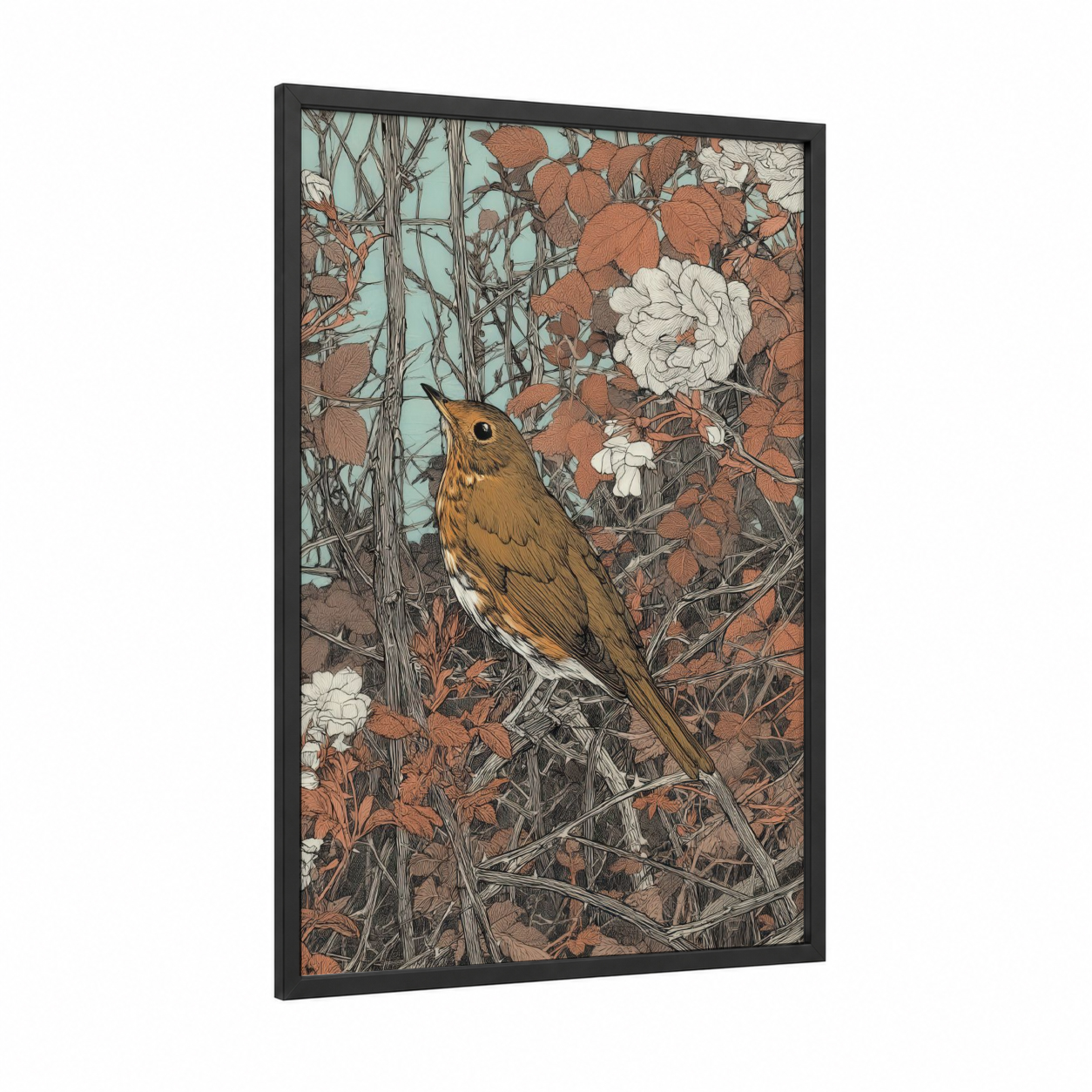 Golden Thrush Autumn framed art print — black wood frame — cream palette