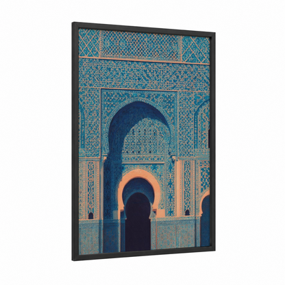 Turquoise Mosque Portal framed art print — black wood frame — teal and gold palette
