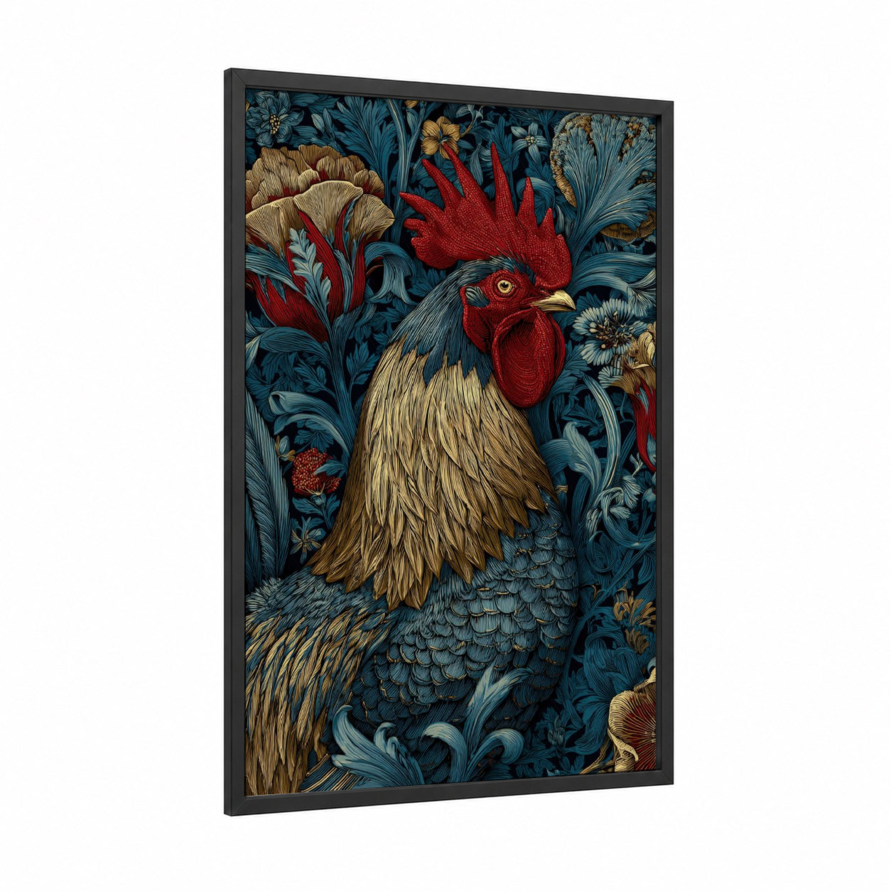 Crimson Rooster Garden framed chicken and roosters print — black wood frame — dark blue and red palette