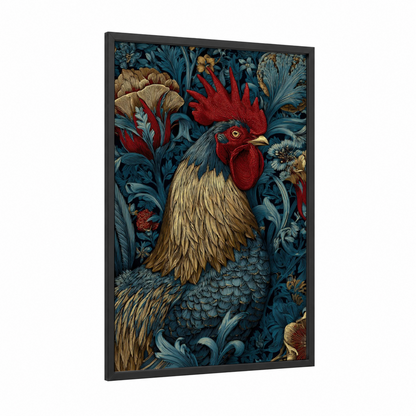 Crimson Rooster Garden framed chicken and roosters print — black wood frame — dark blue and red palette