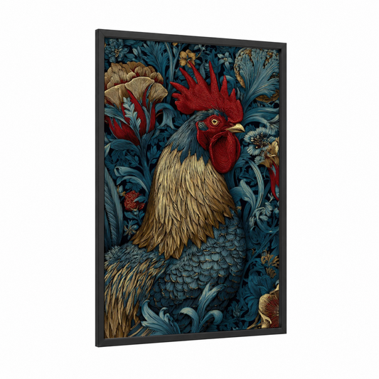 Crimson Rooster Garden framed chicken and roosters print — black wood frame — dark blue and red palette
