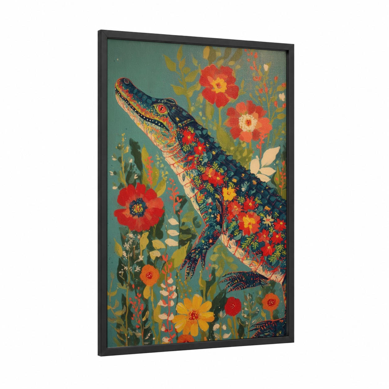 Floral Alligator framed art print — black wood frame — teal and red palette