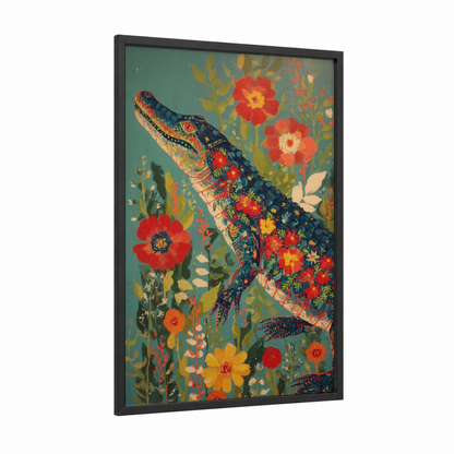 Floral Alligator framed art print — black wood frame — teal and red palette