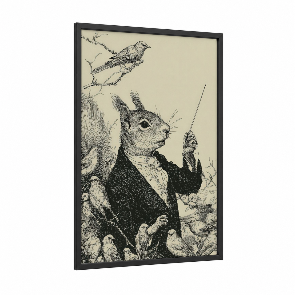 Conductor Squirrel framed art print — black wood frame — black and white and cream palette