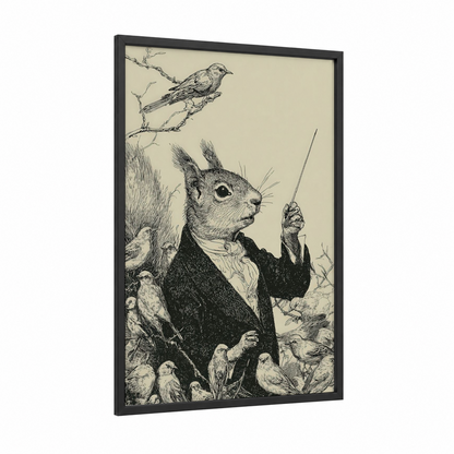 Conductor Squirrel framed art print — black wood frame — black and white and cream palette