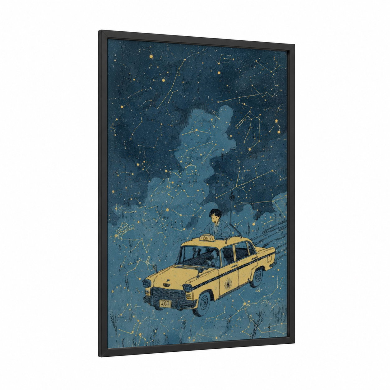Starlit Taxi Ride framed taxi cab print — black wood frame — dark blue and gold palette