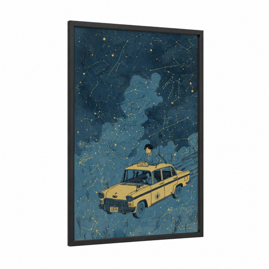 Starlit Taxi Ride framed taxi cab print — black wood frame — dark blue and gold palette