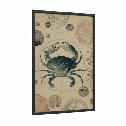 Celestial Crab framed cancer print — black wood frame — cream and gray and white palette