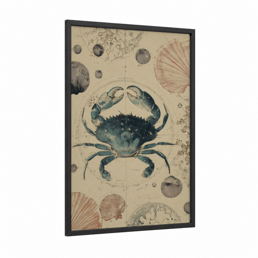 Celestial Crab framed cancer print — black wood frame — cream and gray and white palette