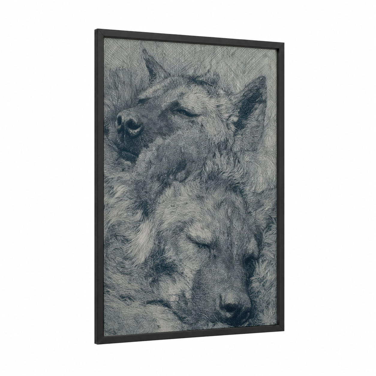 Contemplative Hyena framed art print — black wood frame — gray and black and white palette