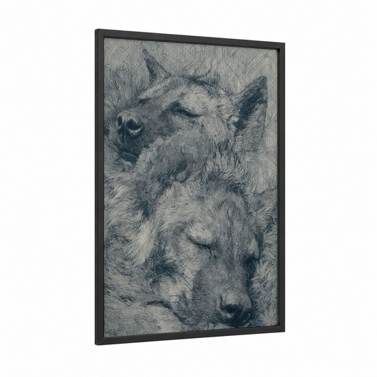 Contemplative Hyena framed art print — black wood frame — gray and black and white palette