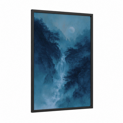 Moonlit Waterfall framed art print — black wood frame — blue and dark blue palette