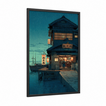 Twilight Harbor House framed docks and piers print — black wood frame — teal and gold palette
