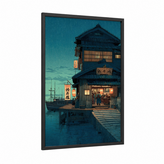 Twilight Harbor House framed docks and piers print — black wood frame — teal and gold palette