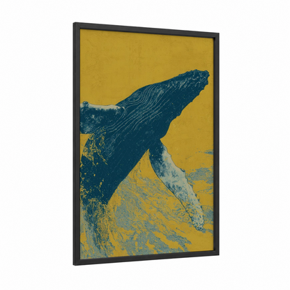 Golden Humpback framed humpback whale print — black wood frame — yellow gold and dark blue palette
