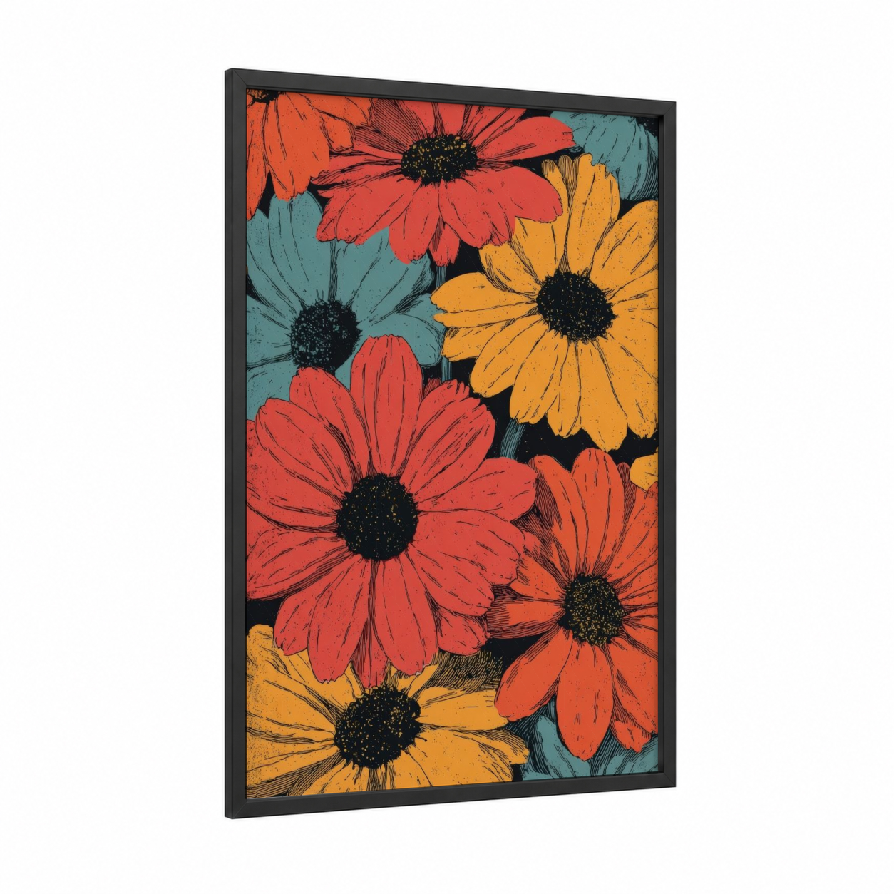 Vibrant Daisy Cluster framed art print — black wood frame — red and yellow gold palette