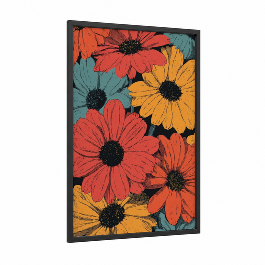 Vibrant Daisy Cluster framed art print — black wood frame — red and yellow gold palette