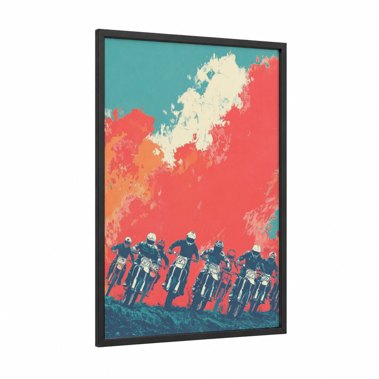 Neon Motocross Riders framed art print — black wood frame — turquoise and salmon pink palette