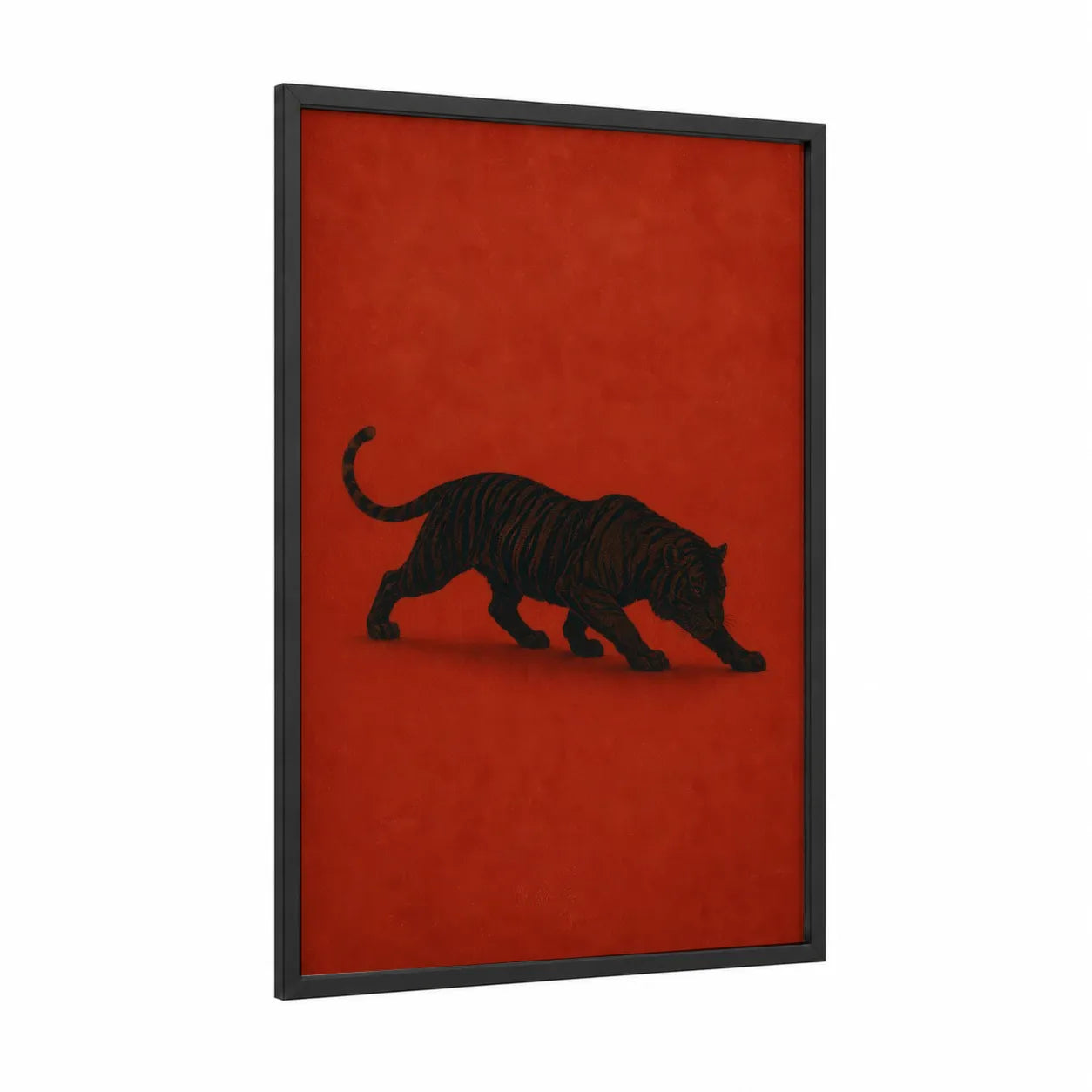 Black Tiger on Red Wall Art framed art print — black wood frame — red and black palette