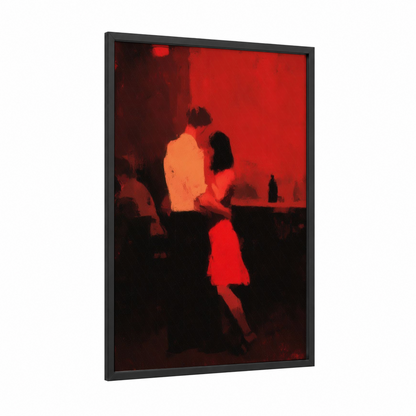 Crimson Dance Duo framed swing dance print — black wood frame — red and gold palette