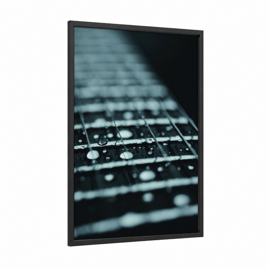 Raindrop Guitar framed electric guitar print — black wood frame — gray and black and white palette