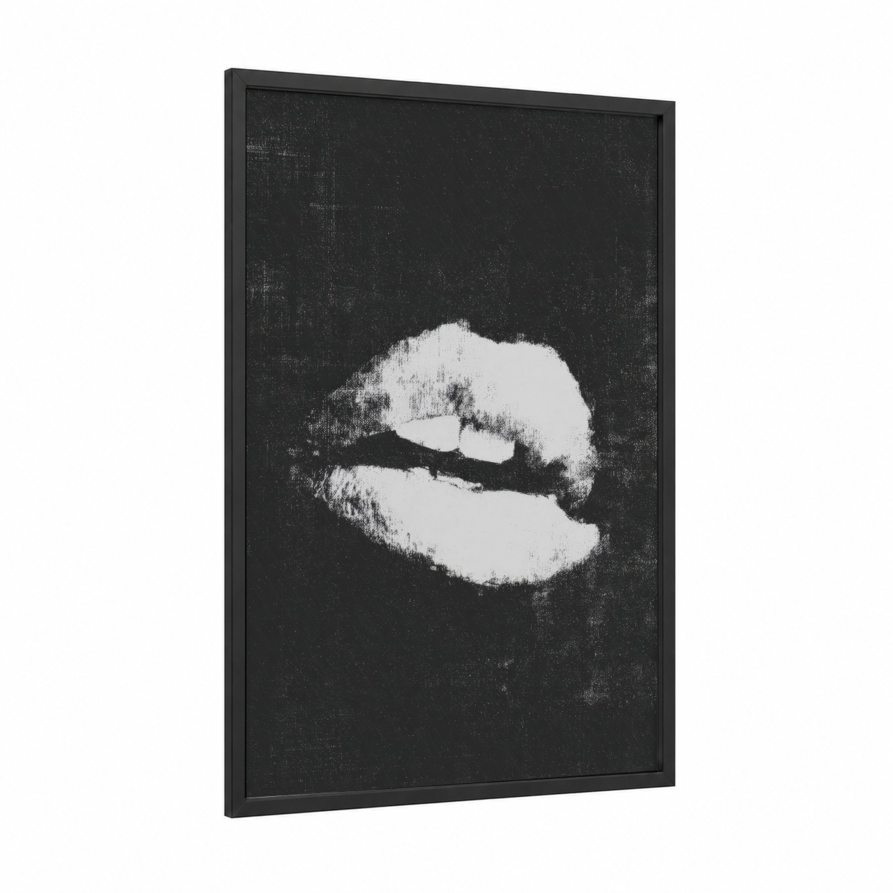 Monochrome Lip framed art print — black wood frame — black and white palette