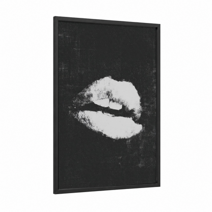 Monochrome Lip framed art print — black wood frame — black and white palette