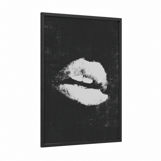 Monochrome Lip framed art print — black wood frame — black and white palette