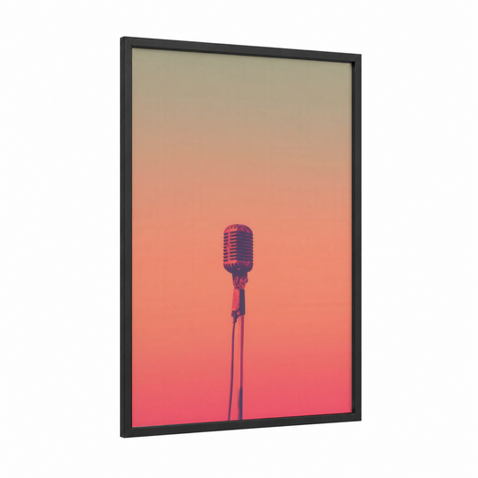 Vintage Microphone framed art print — black wood frame — salmon pink and beige palette