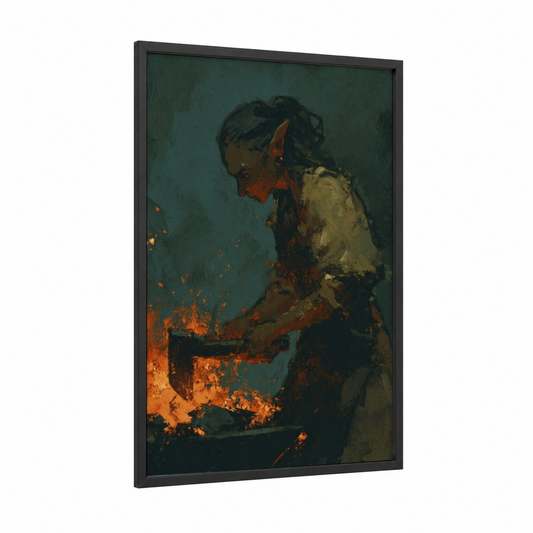 Firelit Elf framed art print — black wood frame — dark green and gold palette