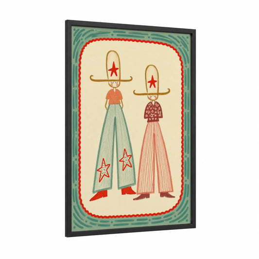 Whimsical Folk Characters Wall Art framed fantasy and sci fi print — black wood frame — teal and red palette