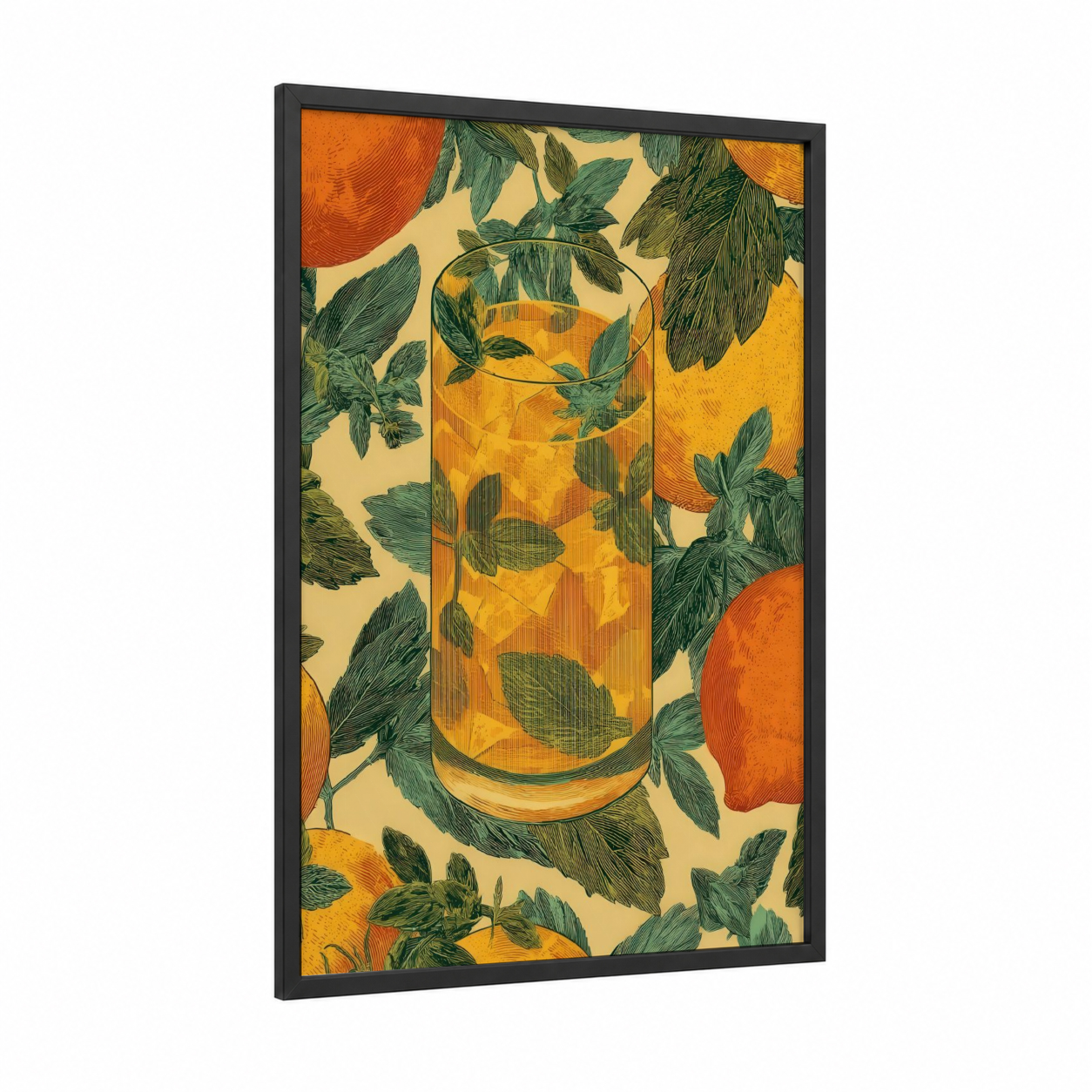 Citrus Iced Tea framed art print — black wood frame — gold and dark green palette