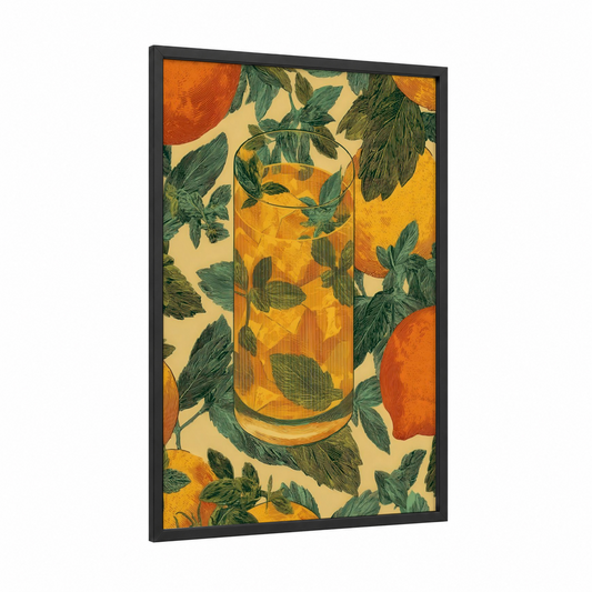 Citrus Iced Tea framed art print — black wood frame — gold and dark green palette